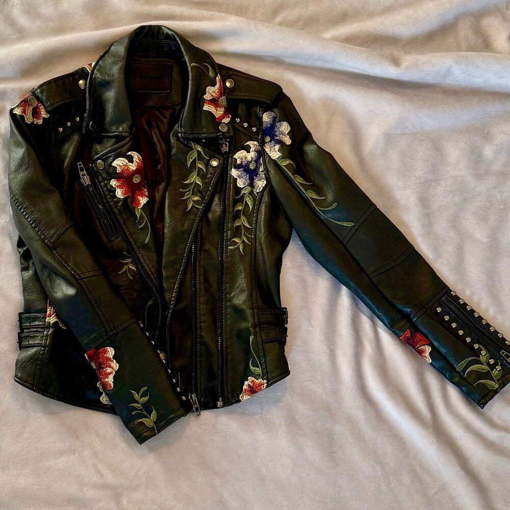 BLANK NYC Faux Leather Moto Jacket with Floral Emboridery and studs size Small